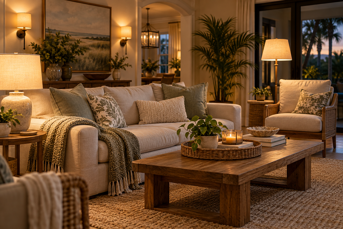 Cozy living room with warm table and floor lamps, wall sconces, linen seating and layered lighting