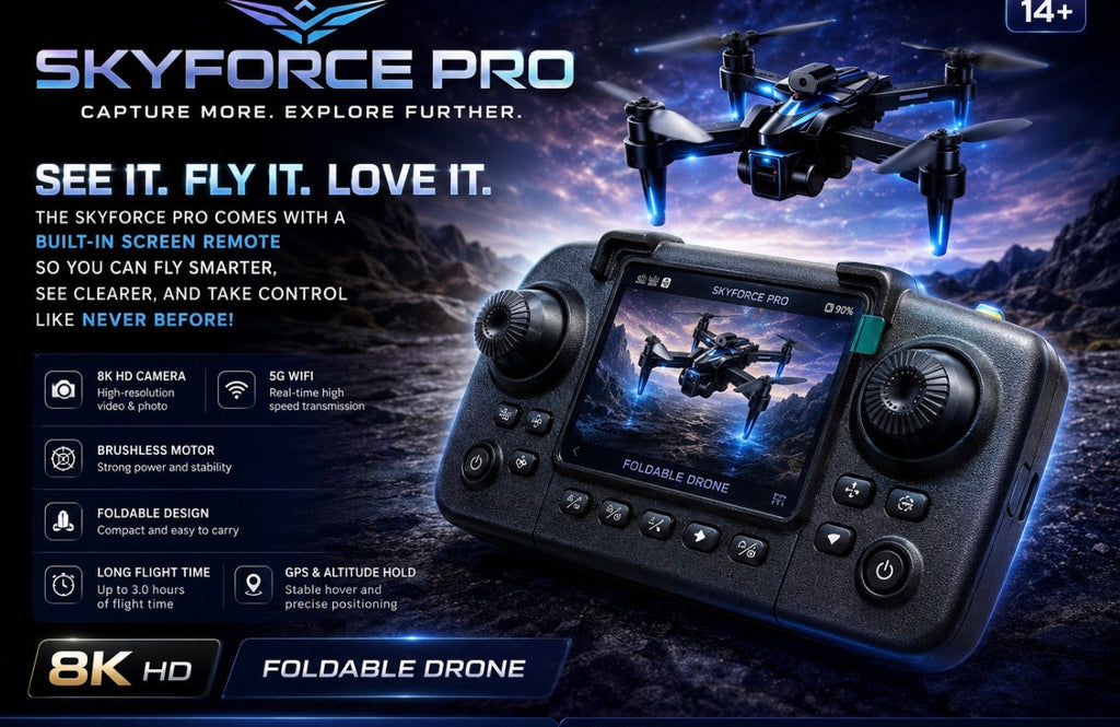 SkyForce Pro Foldable Drone with Built-In Screen Remote | 8K HD Camera | GPS | Dual Battery - product image 1