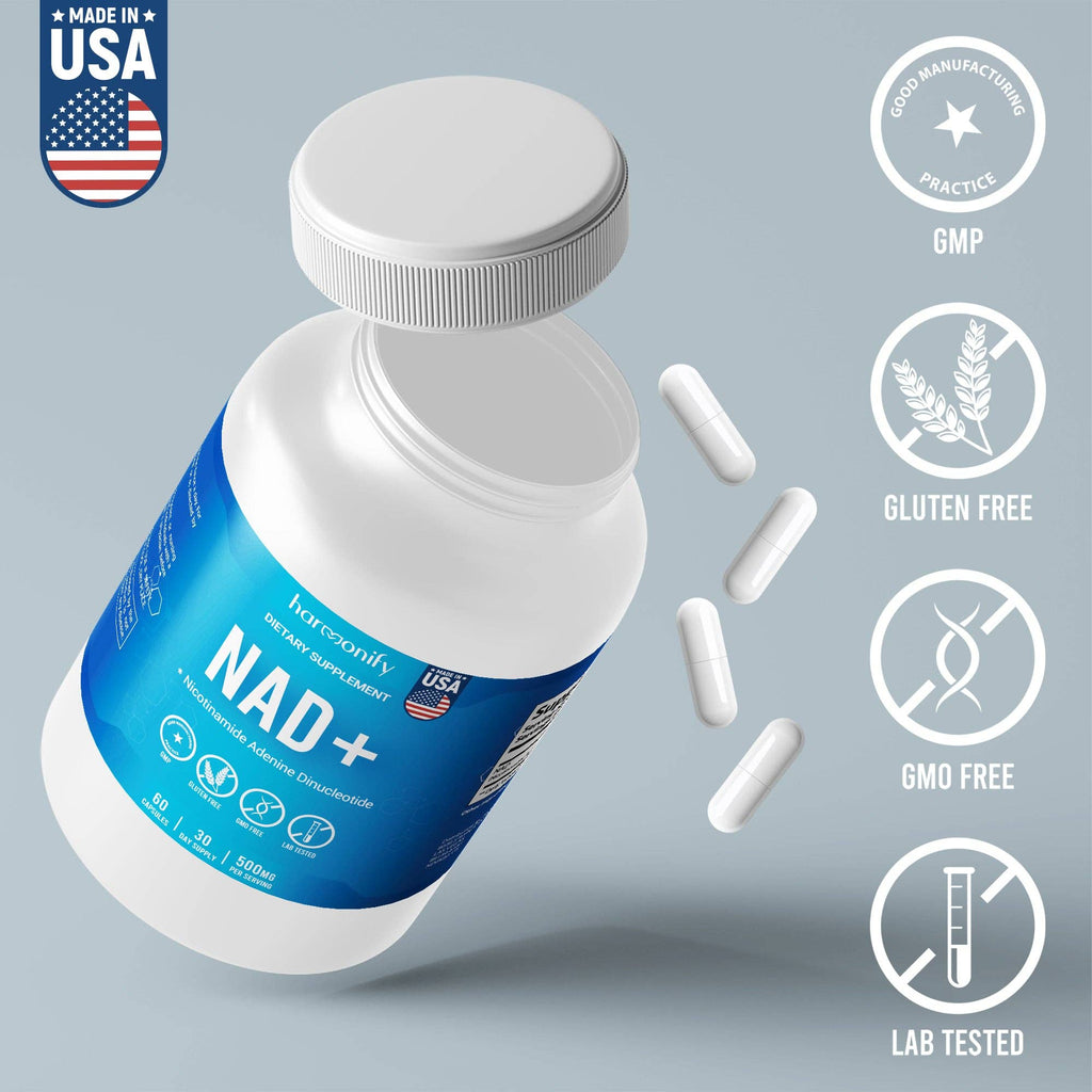 HARMONIFY NAD Supplement (500mg of 95% Pure NAD+ Per Serving, 30-Day Supply) – Vegan, Non-GMO, NAD Booster for Longevity
