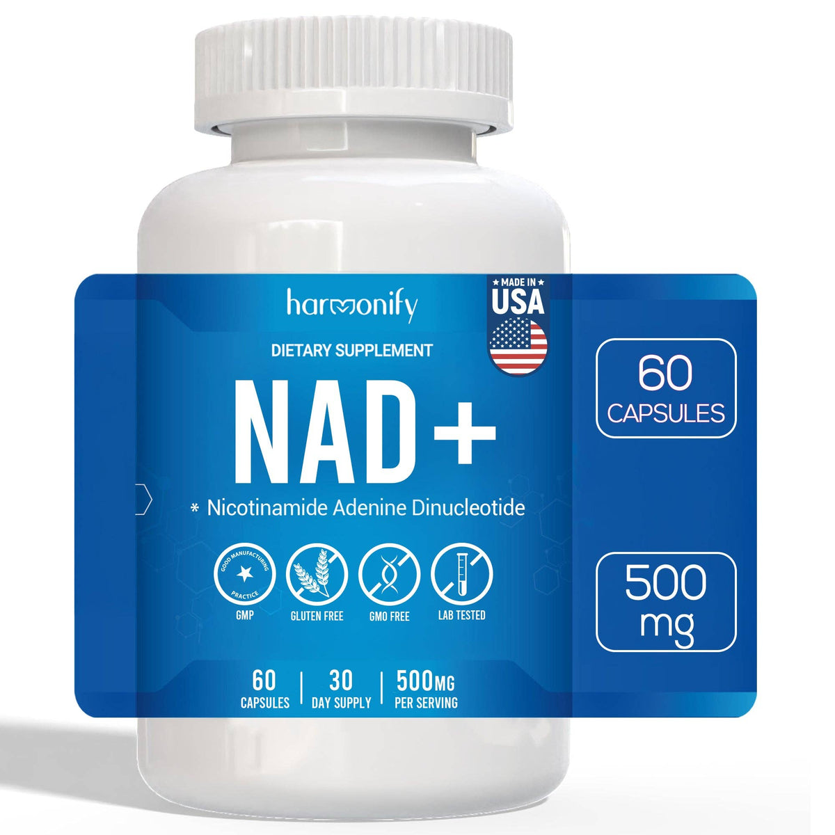 HARMONIFY NAD Supplement (500mg of 95% Pure NAD+ Per Serving, 30-Day Supply) – Vegan, Non-GMO, NAD Booster for Longevity