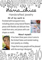 About Hana_chica handcrafted jewelry with artist info and resin crafting process