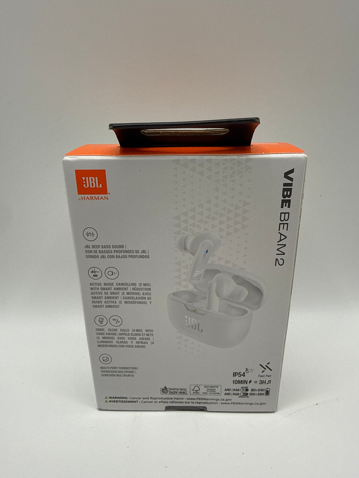 JBL White Vibe Beam 2 True Wireless ANC Earbuds with Charging Case