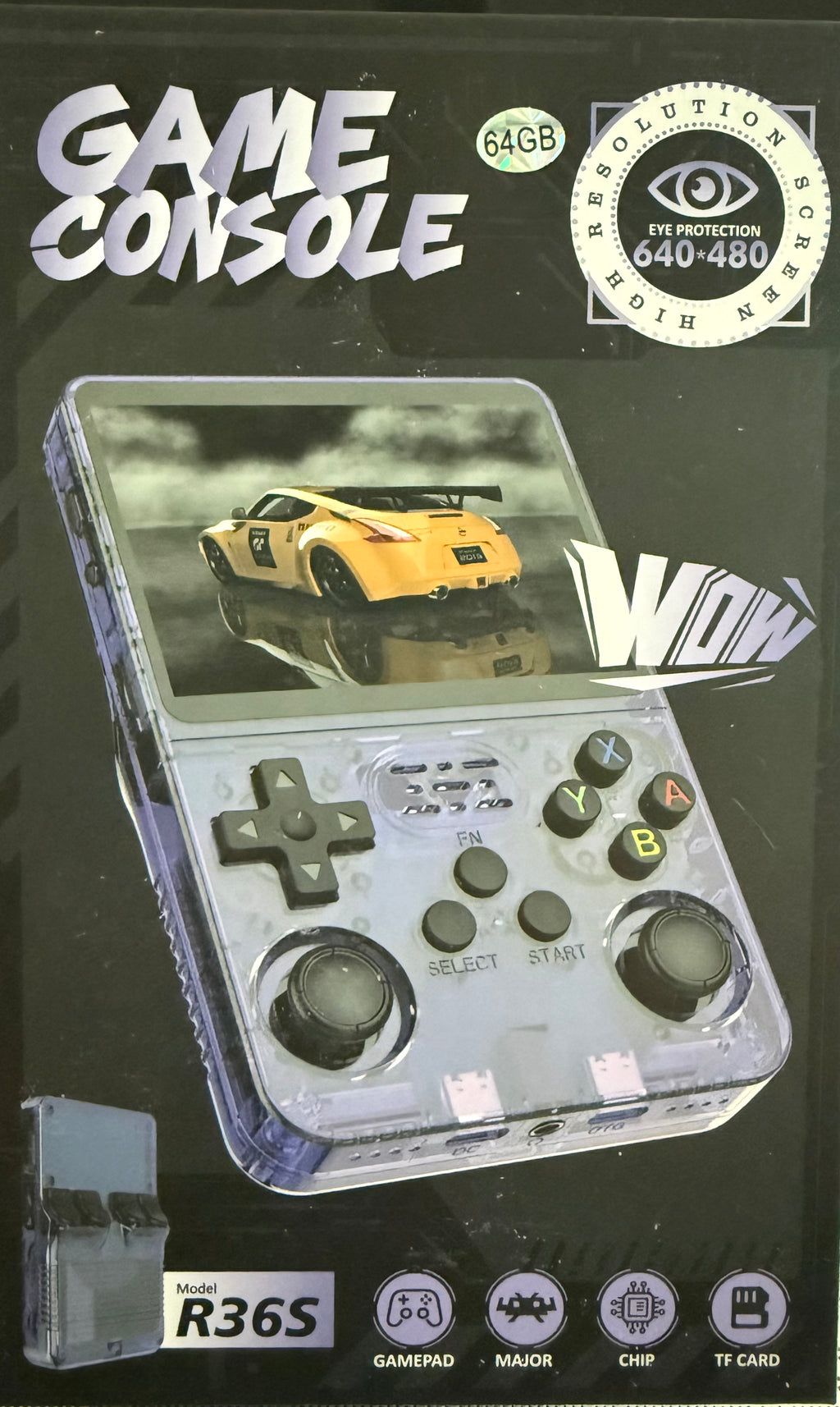 R36S 64GB handheld console purple model packaging