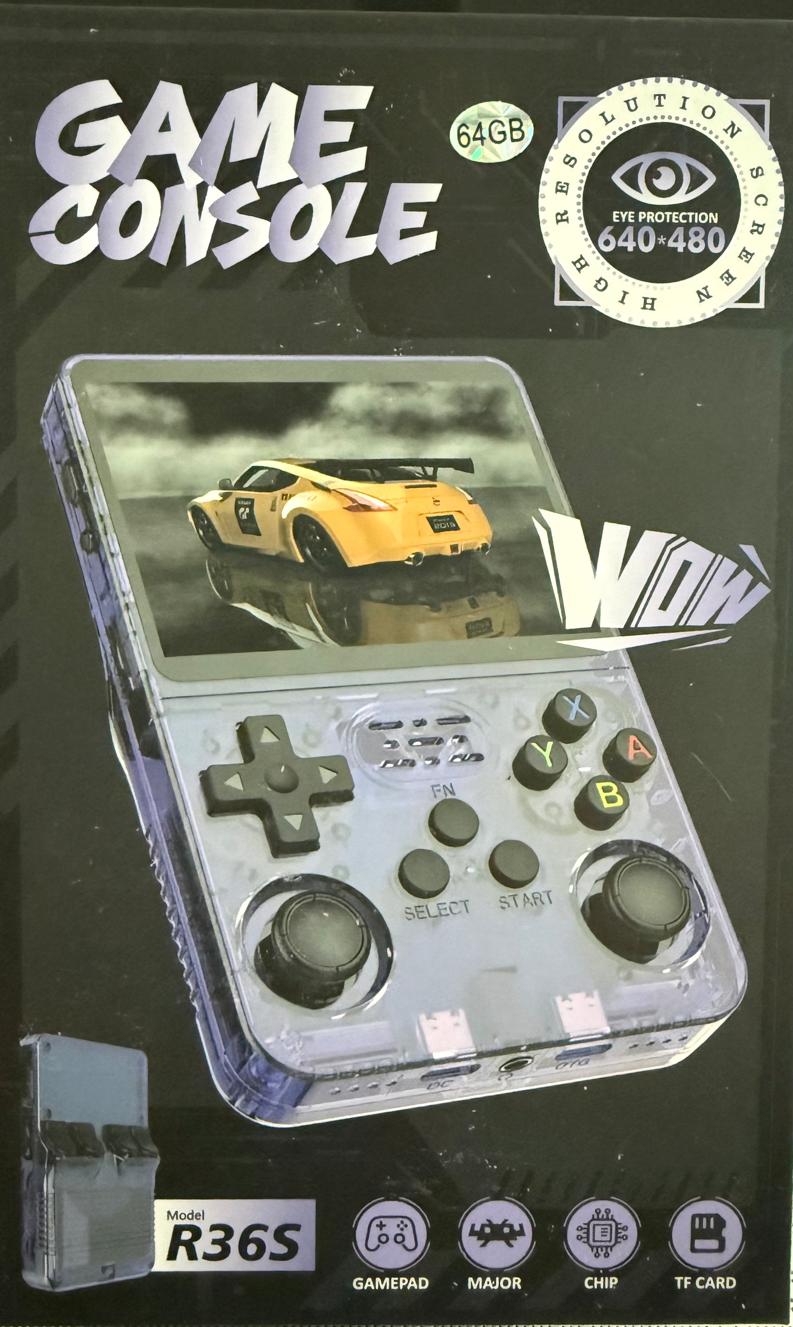 R36S 64GB handheld console purple model packaging