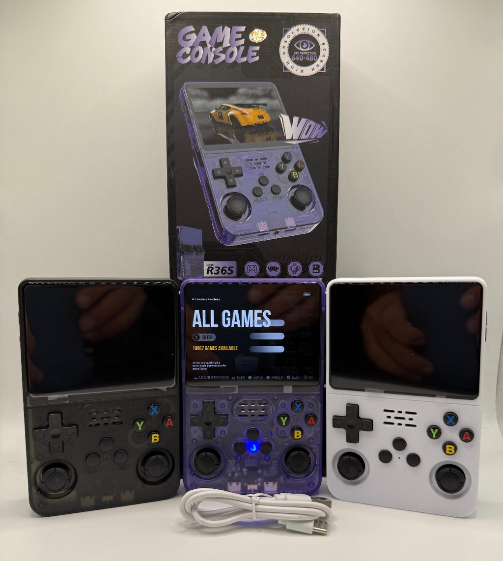 R36S handheld game consoles in black, purple, and white with USB cable and retail box