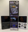 R36S handheld game consoles in black, purple, and white with USB cable and retail box