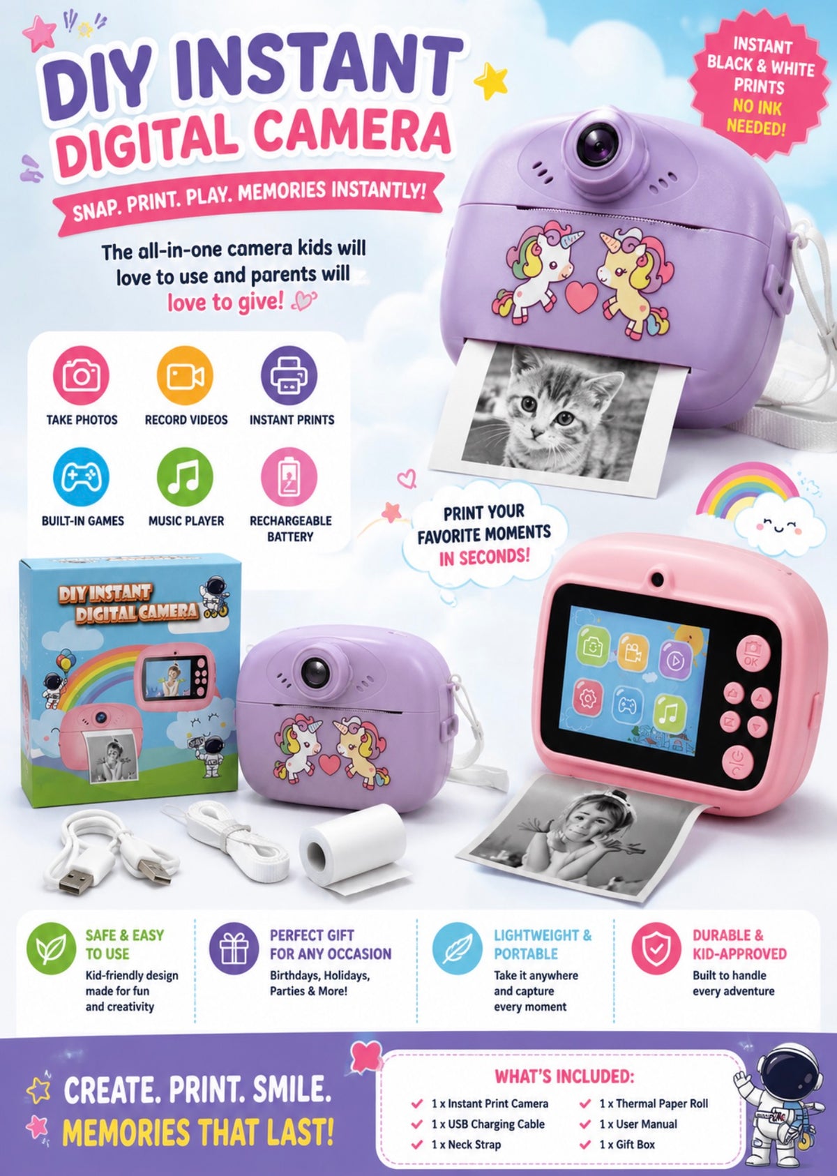 DIY Instant Digital Print Camera for Kids | Rechargeable Thermal Photo Camera Purple - product image 1