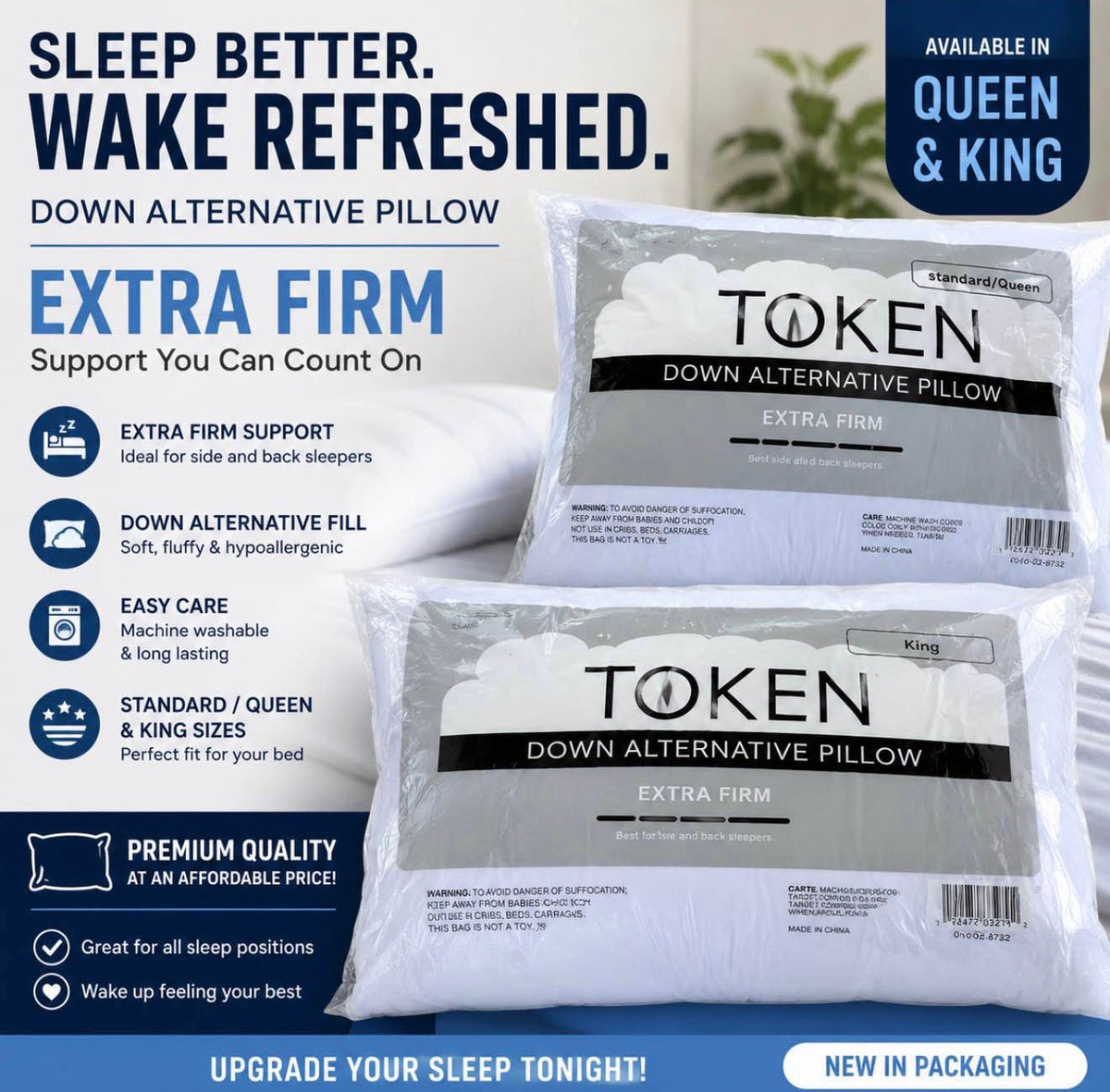 TOKEN Extra Firm Down Alternative Pillow – Hypoallergenic, Machine Washable, Soft Support | Standard/Queen - product image 1
