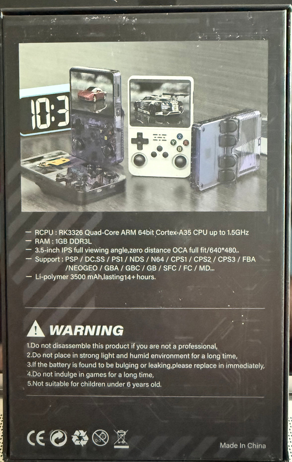 R36S handheld game console packaging showing hardware specifications