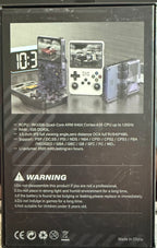 R36S handheld game console packaging showing hardware specifications