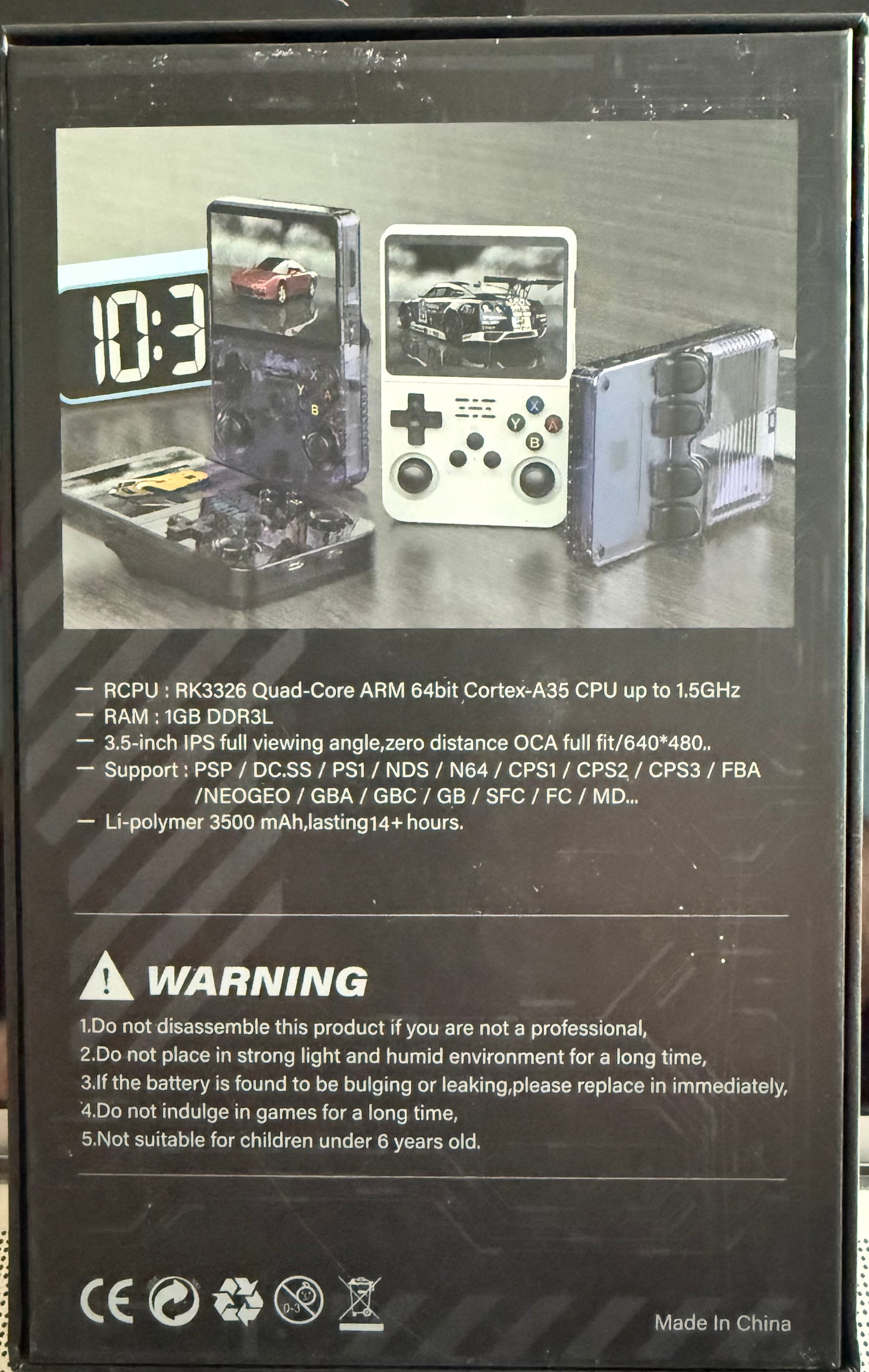 R36S handheld game console packaging showing hardware specifications