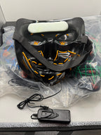 Back view of a black LED scare mask showing adjustable strap and battery pack