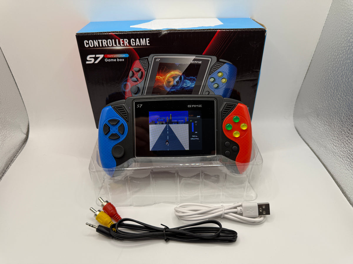 S7 Handheld Game Console with red and blue controllers front view