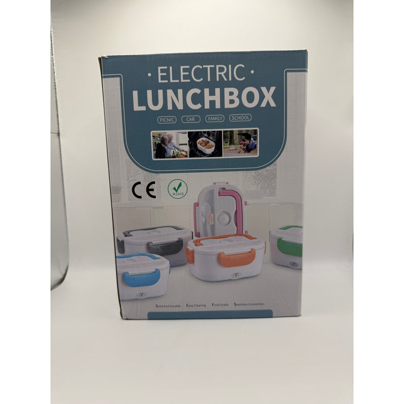 Electric lunchbox packaging showing multiple color options and usage scenarios