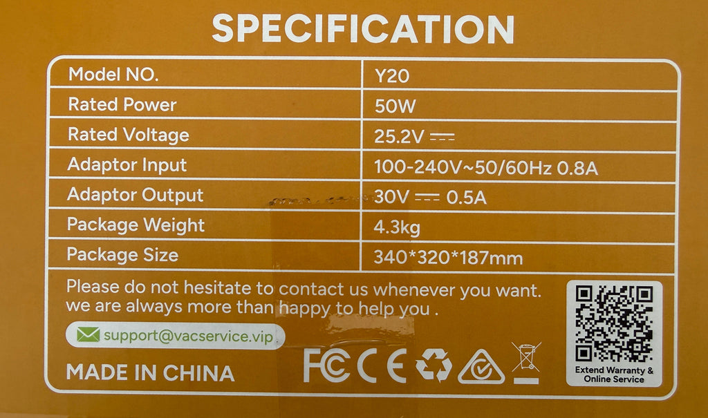 Y20 Robotic Pool Cleaner specification label