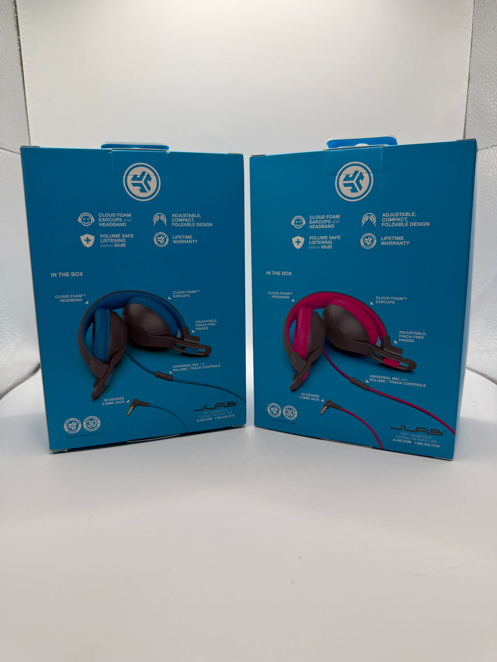 Back view of JLab JBuddies Studio2 headphones describing features and components