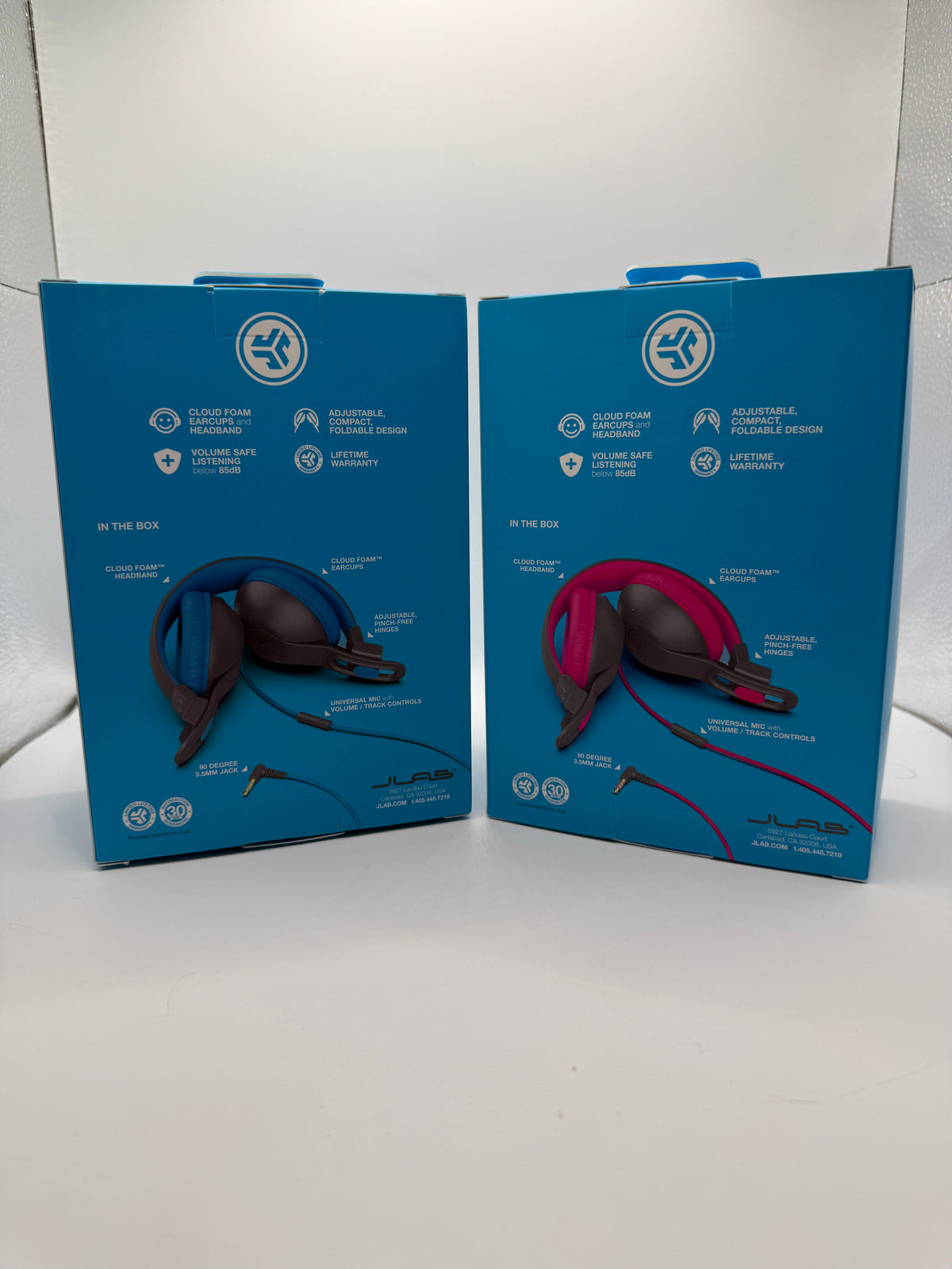 Back view of JLab JBuddies Studio2 headphones describing features and components