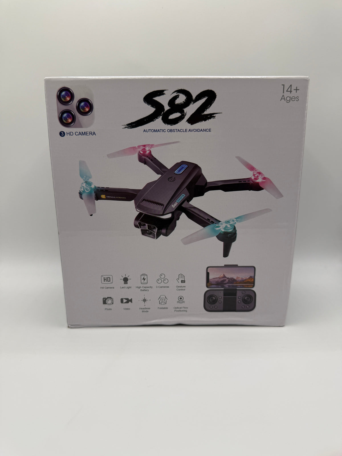 S82 Foldable Drone box front showing drone image and features