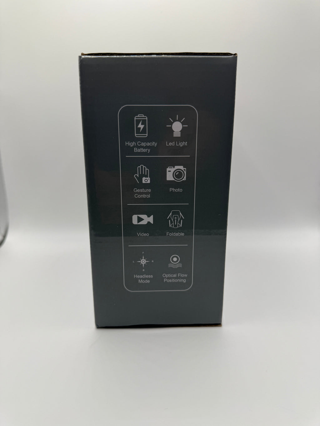 S82 Drone box side listing high capacity battery, LED light, gesture control and photo features