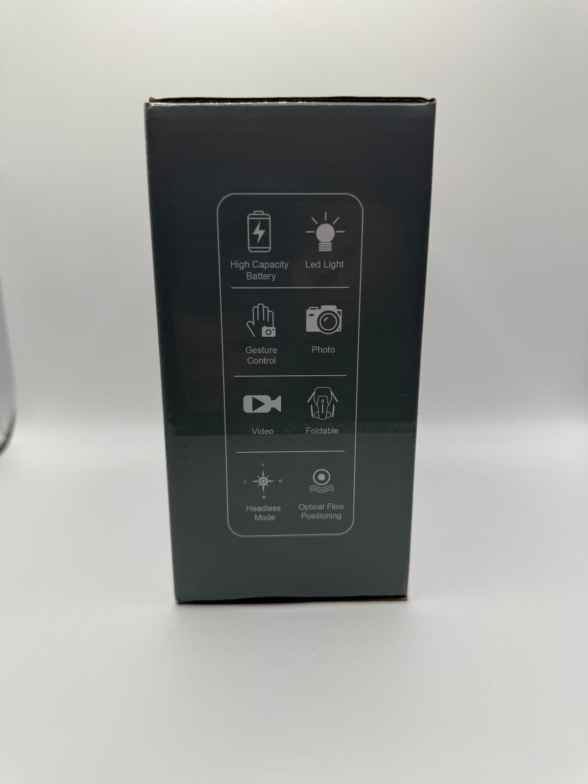 S82 Drone box side listing high capacity battery, LED light, gesture control and photo features