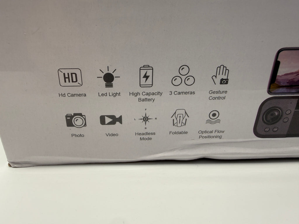 Closeup of S82 drone box icons showing hd camera, video, foldable, optical flow positioning