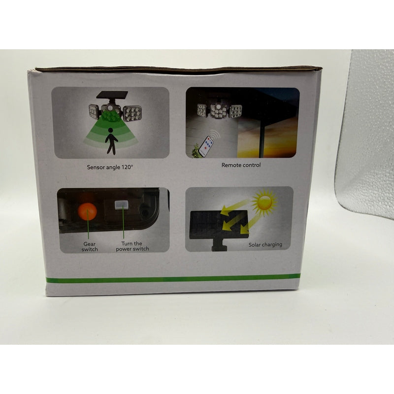 JD Solar Sensor Light side showing sensor angle, remote control, gear switch, and solar charging