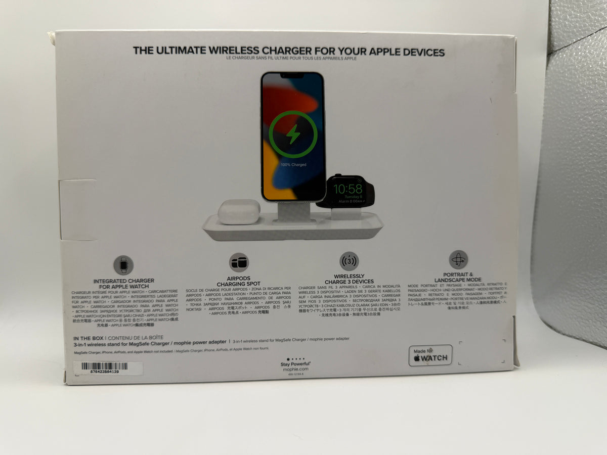 Back packaging of Mophie 3-in-1 wireless stand showing features and device compatibility