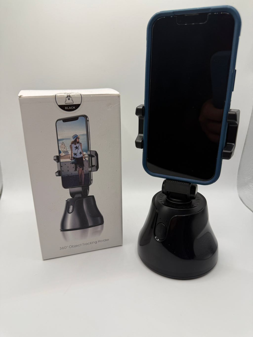 360 degree object tracking phone holder packaging box front
