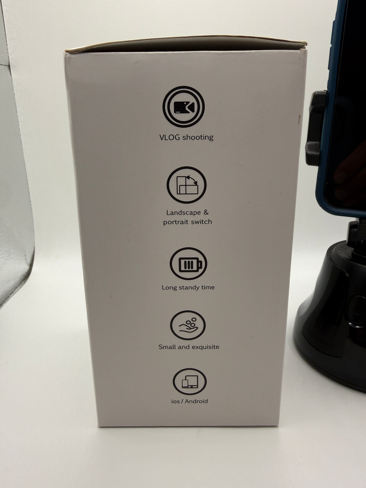 features of 360 tracking phone holder on box side 1
