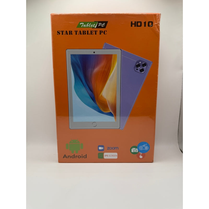 Star Tablet PC HD 10 Android Tablet front and back view on packaging