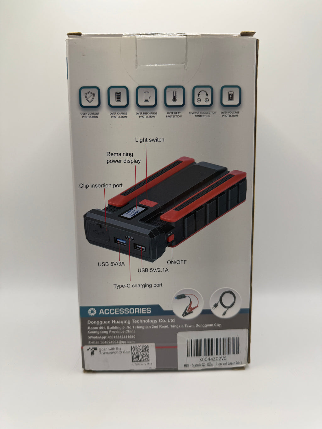 3-in-1 car emergency jump starter box back view with features