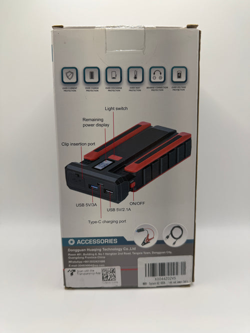 3-in-1 car emergency jump starter box back view with features