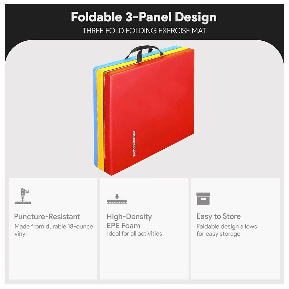 Three foldable panels of exercise mat with carrying handles