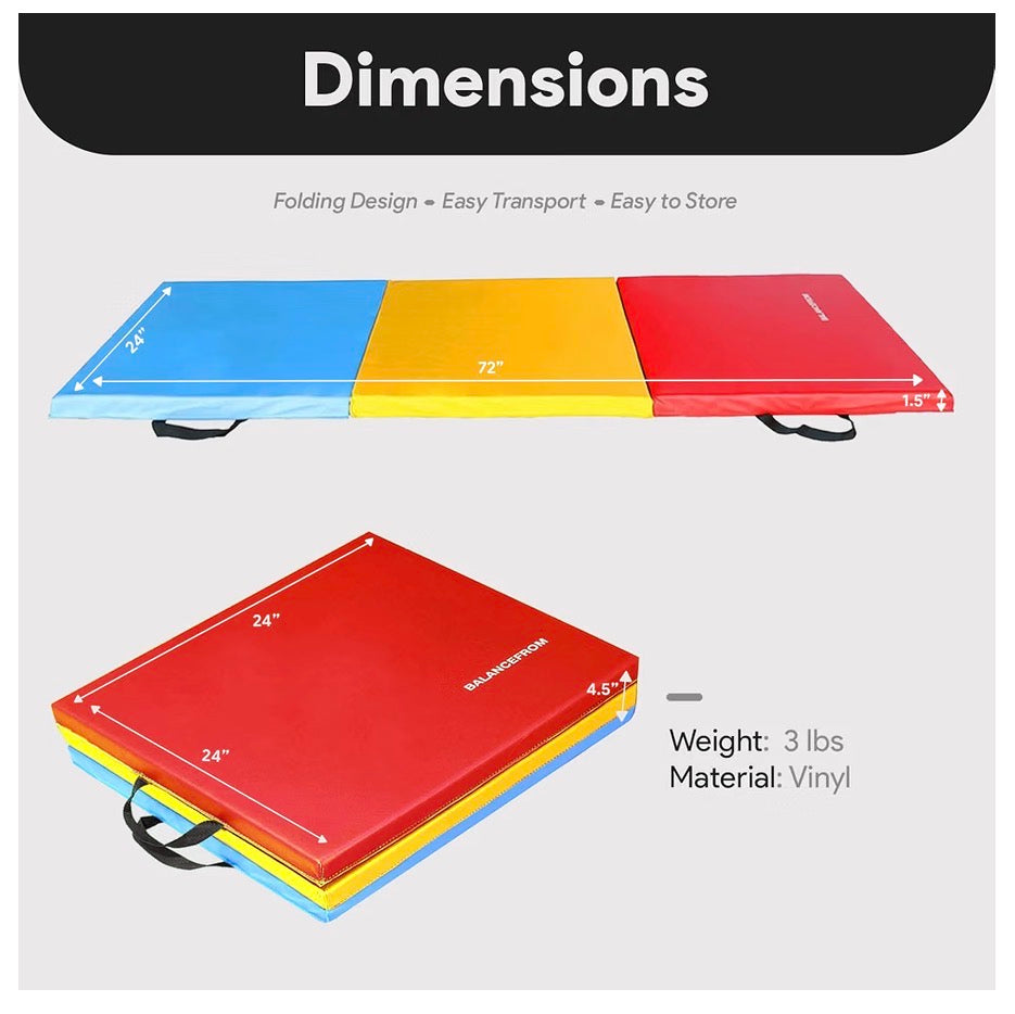 Dimensions diagram of foldable exercise mat showing length and thickness