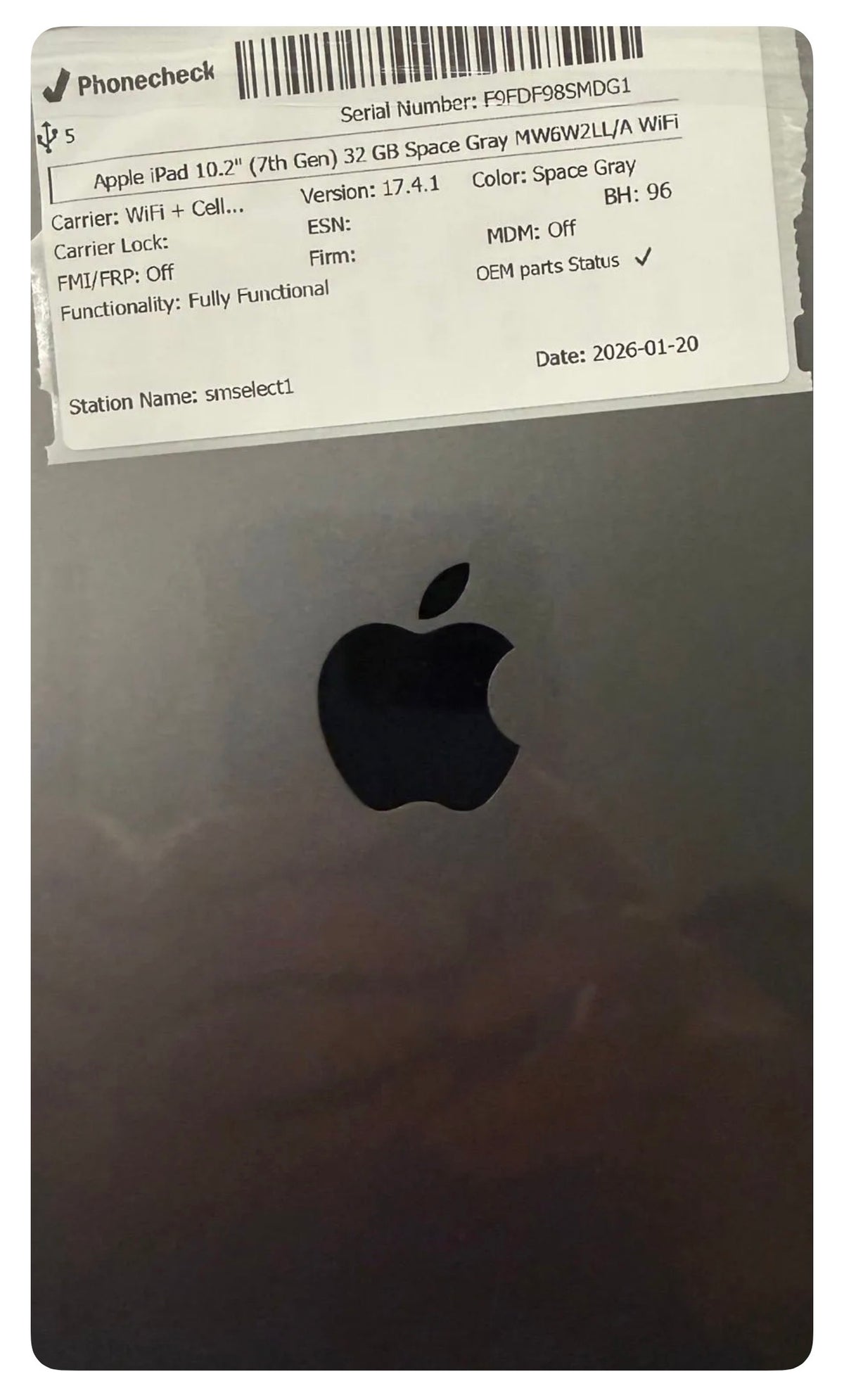 Apple iPad 10.2 inch 7th Gen back cover with Space Gray color and product label