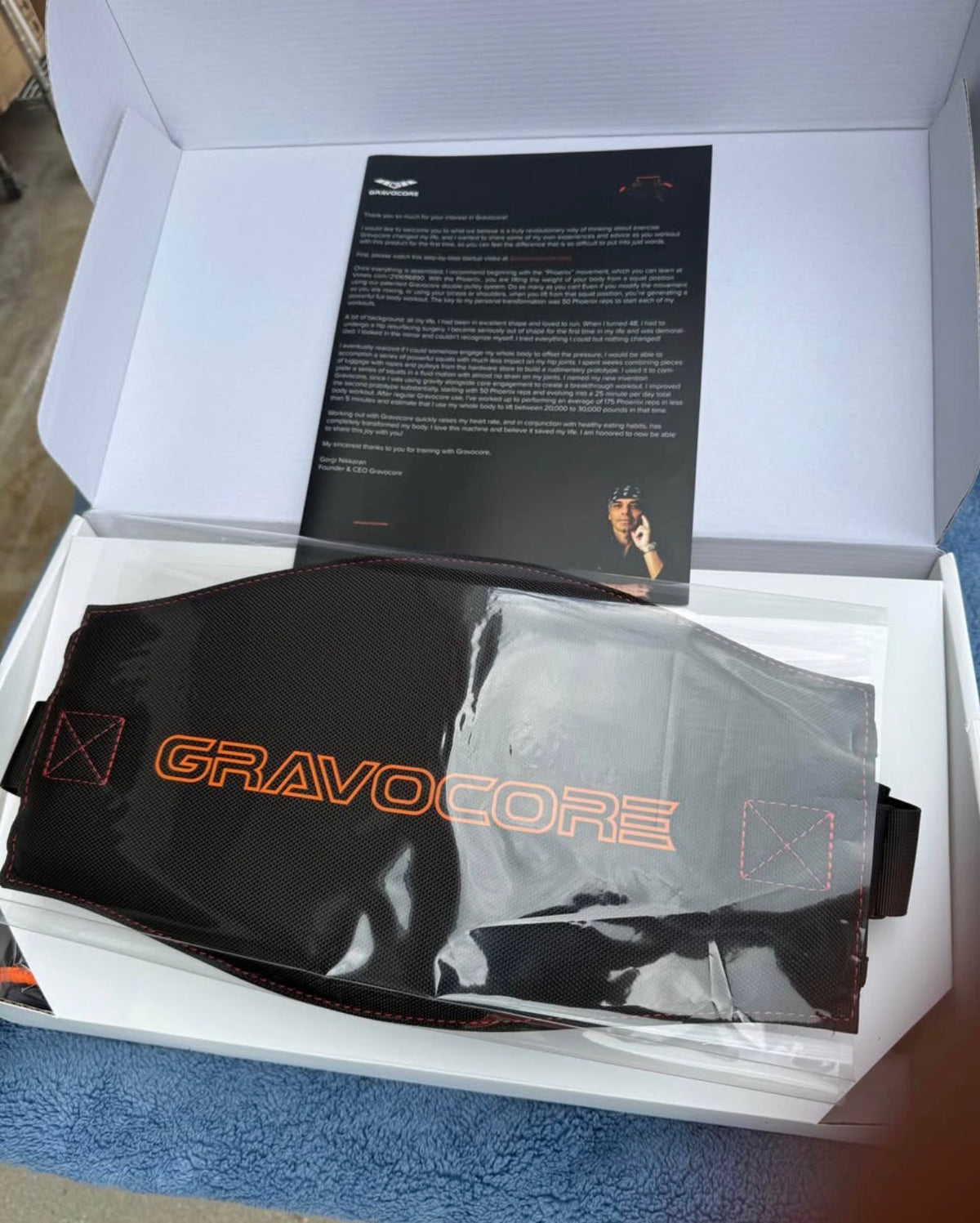 Open box showing Gravocore components and instructions
