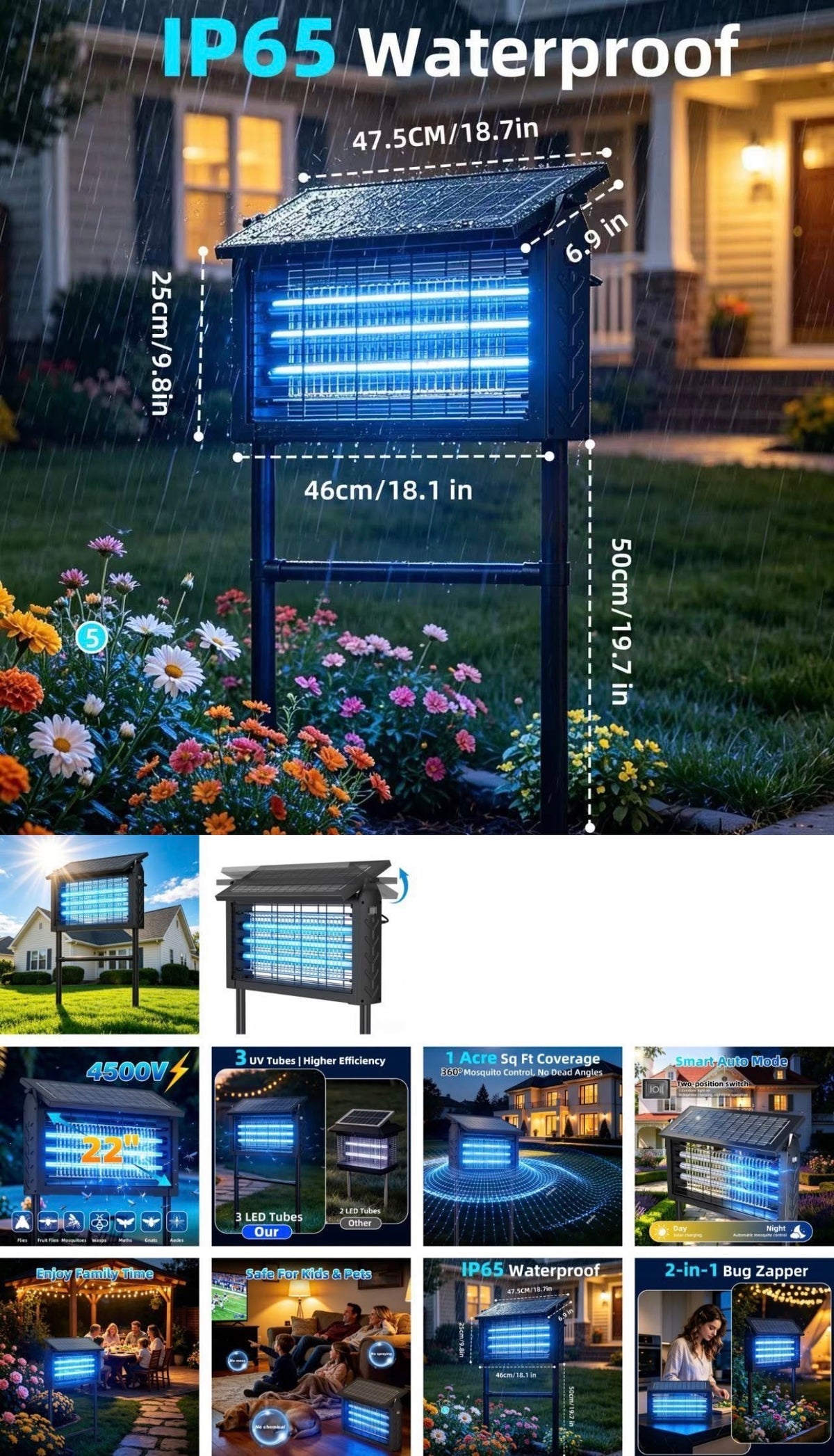 Biftrew Electric Solar Bug Zapper in rain with dimensions