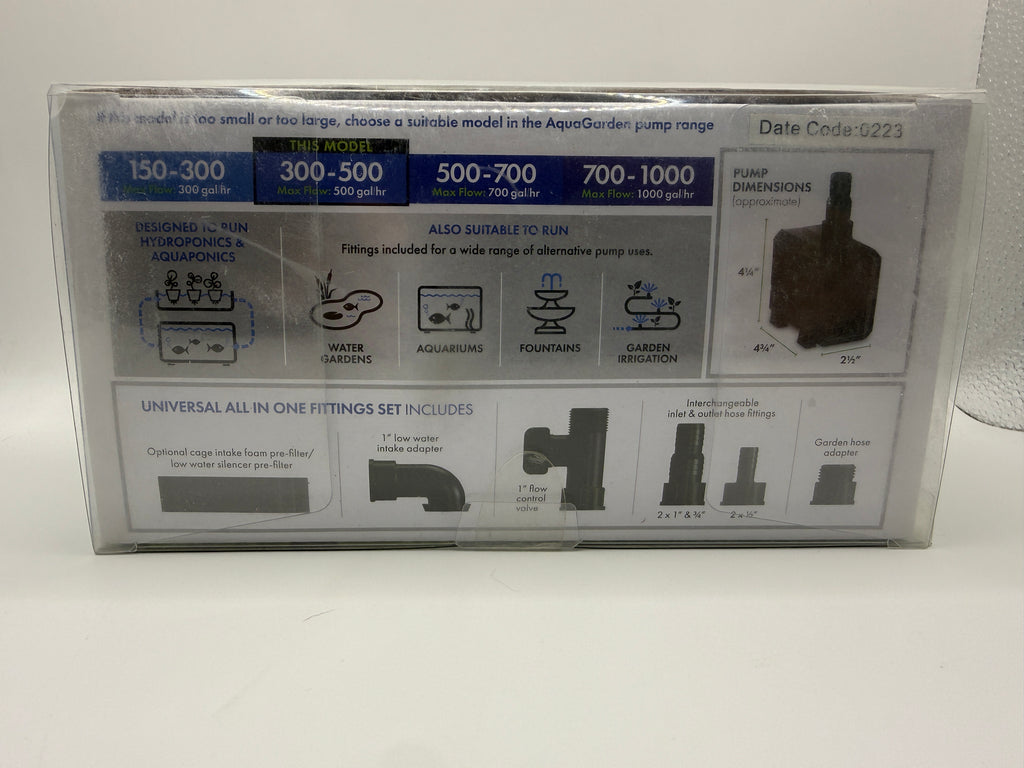Technical data and flow chart for Pennington Aquagarden 300-500 water pump