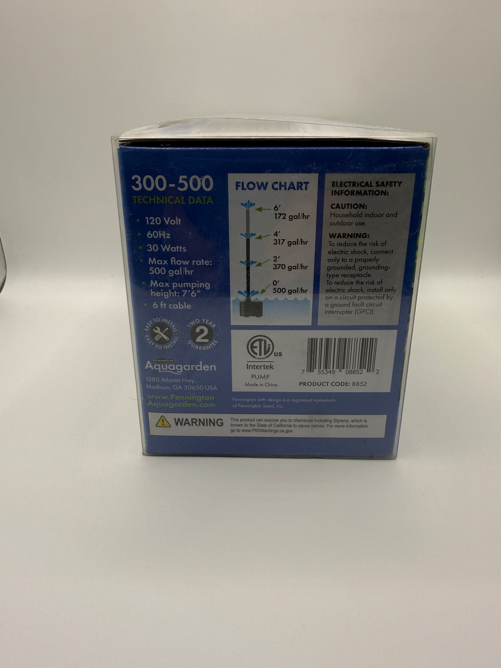 Side view of Pennington Aquagarden 300-500 Universal Water Pump packaging