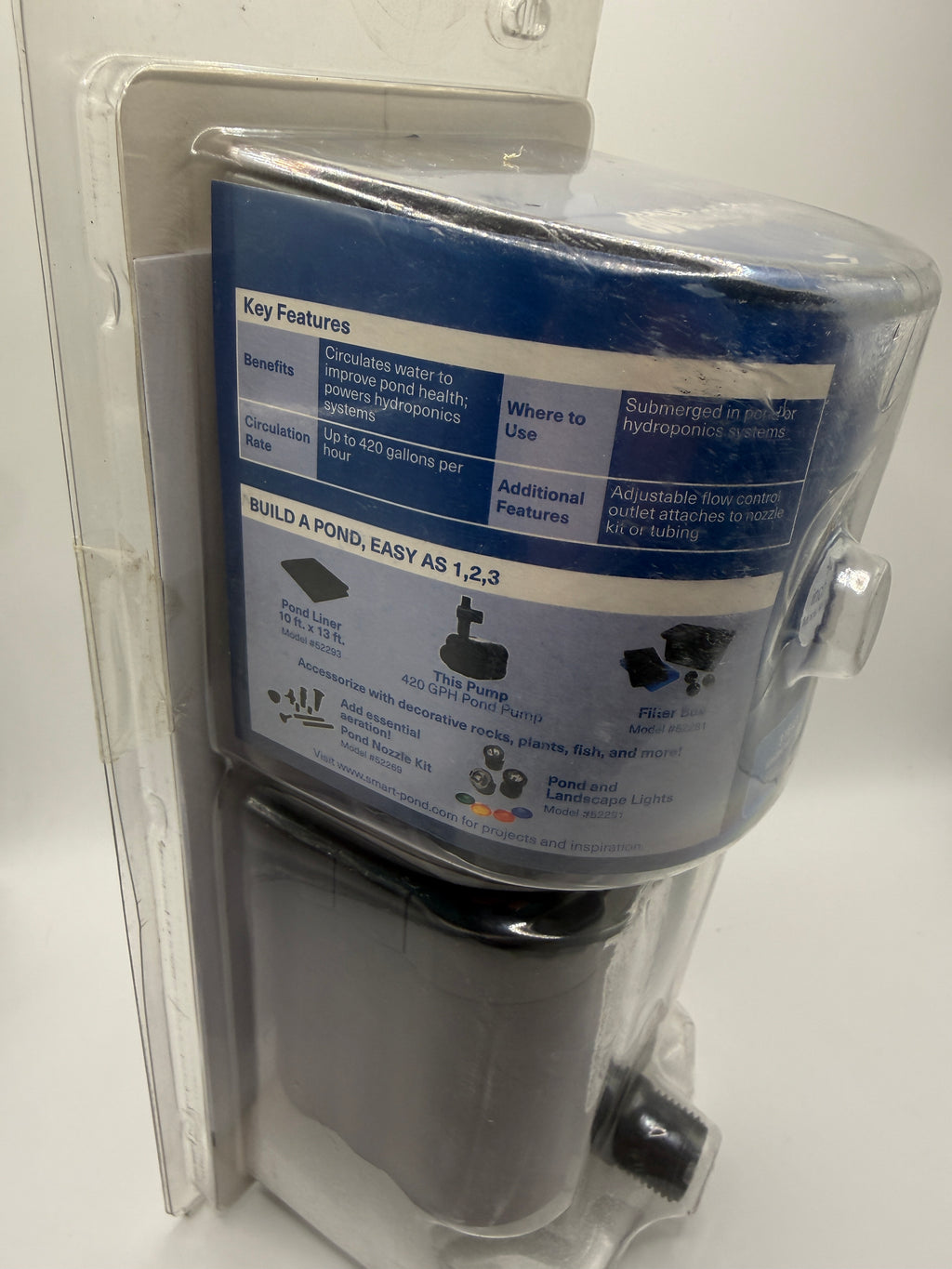 Smartpond Pond Pump side packaging with key features