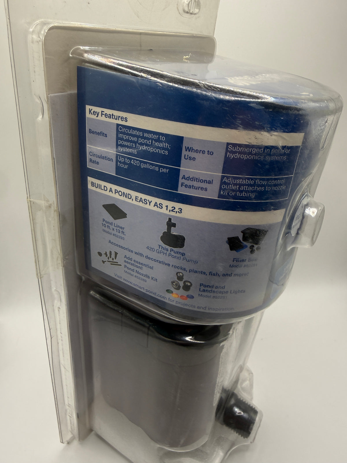 Smartpond Pond Pump side packaging with key features