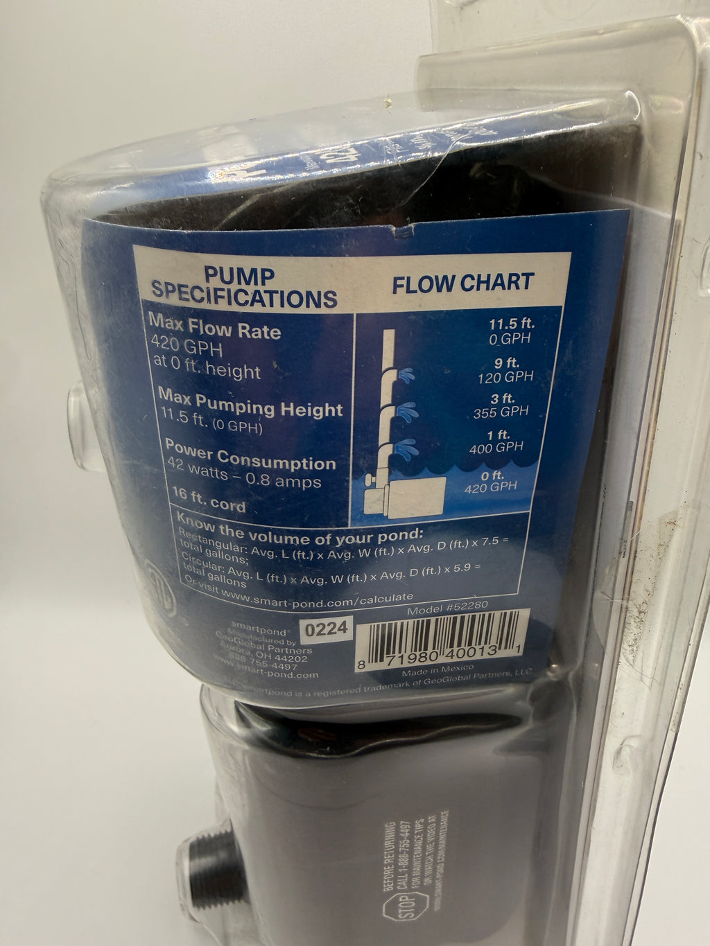 Smartpond Pond Pump back packaging with specifications and flow chart