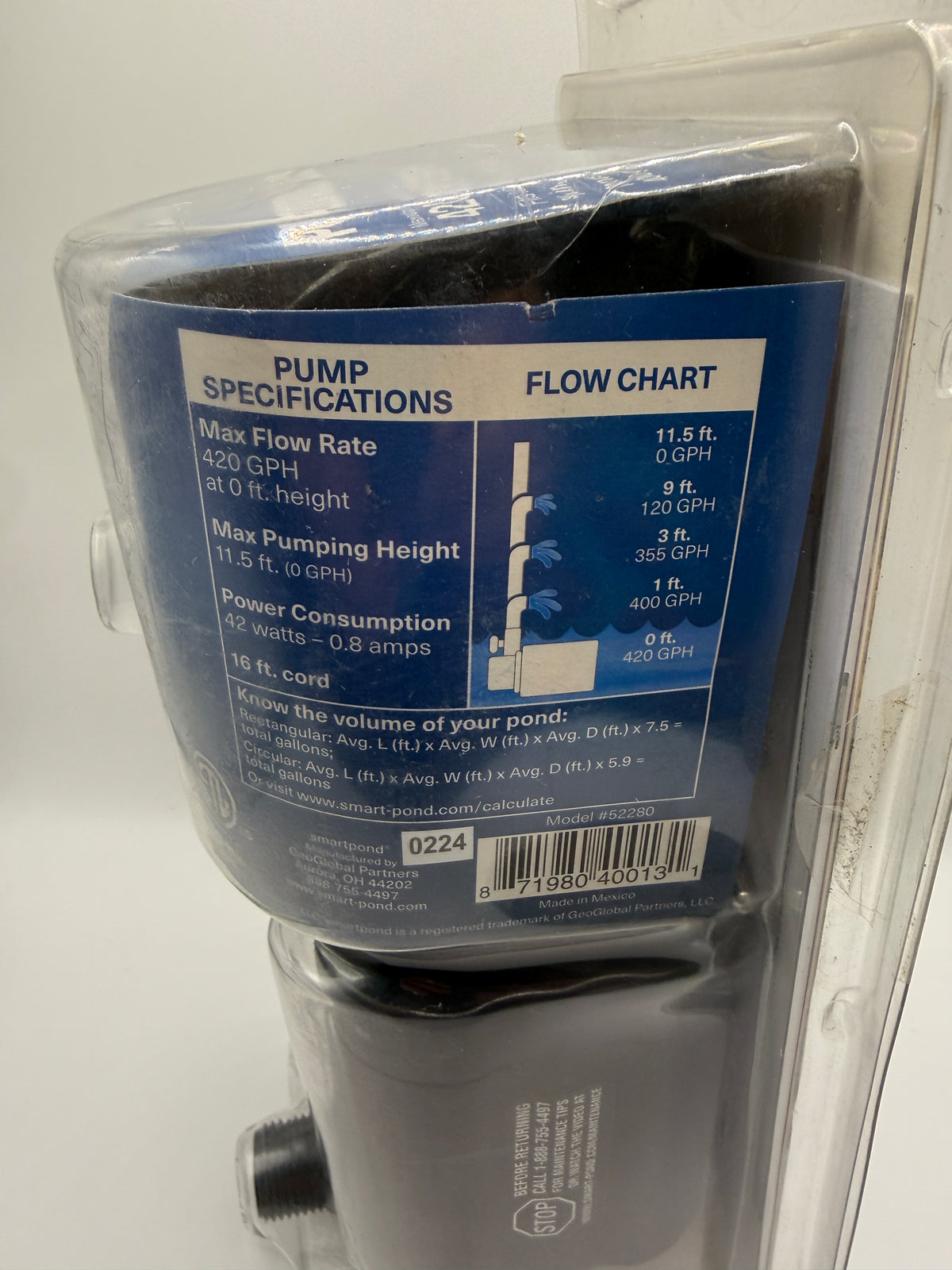 Smartpond Pond Pump back packaging with specifications and flow chart