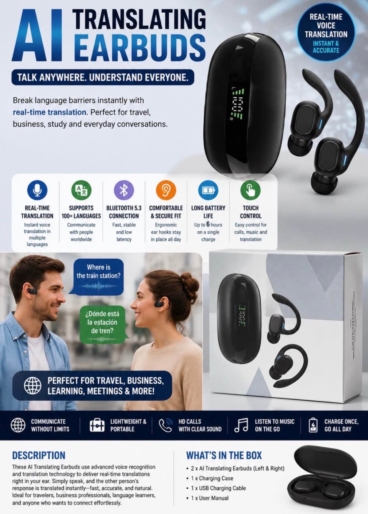 AI Translating Earbuds with charging case