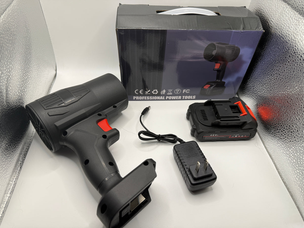 48V cordless leaf blower with rechargeable battery and charger — product photo