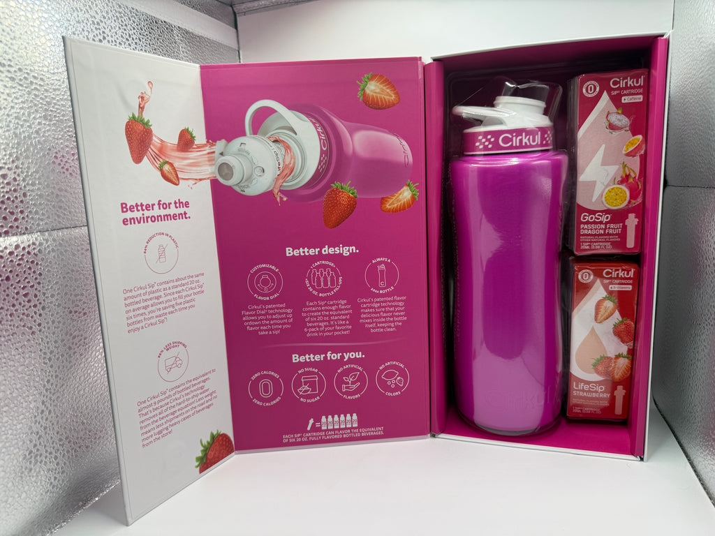 Open box showing Cirkul stainless steel water bottle and flavor cartridges