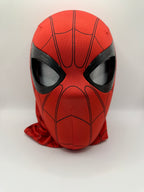 Front view of Spider-Man mask with red fabric and black web design