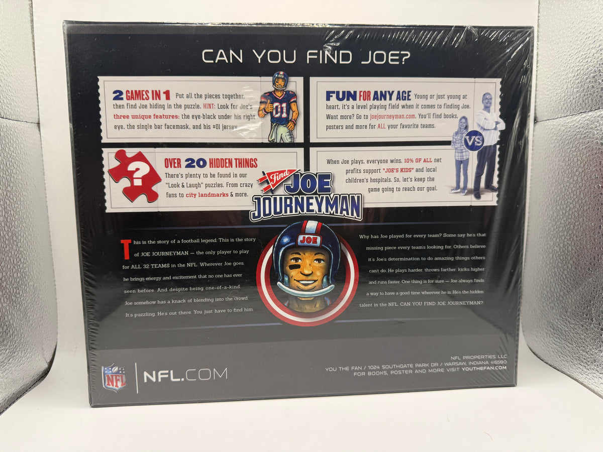 Back of Joe Journeyman Buffalo Bills NFL 500 piece puzzle packaging showing game instructions and details