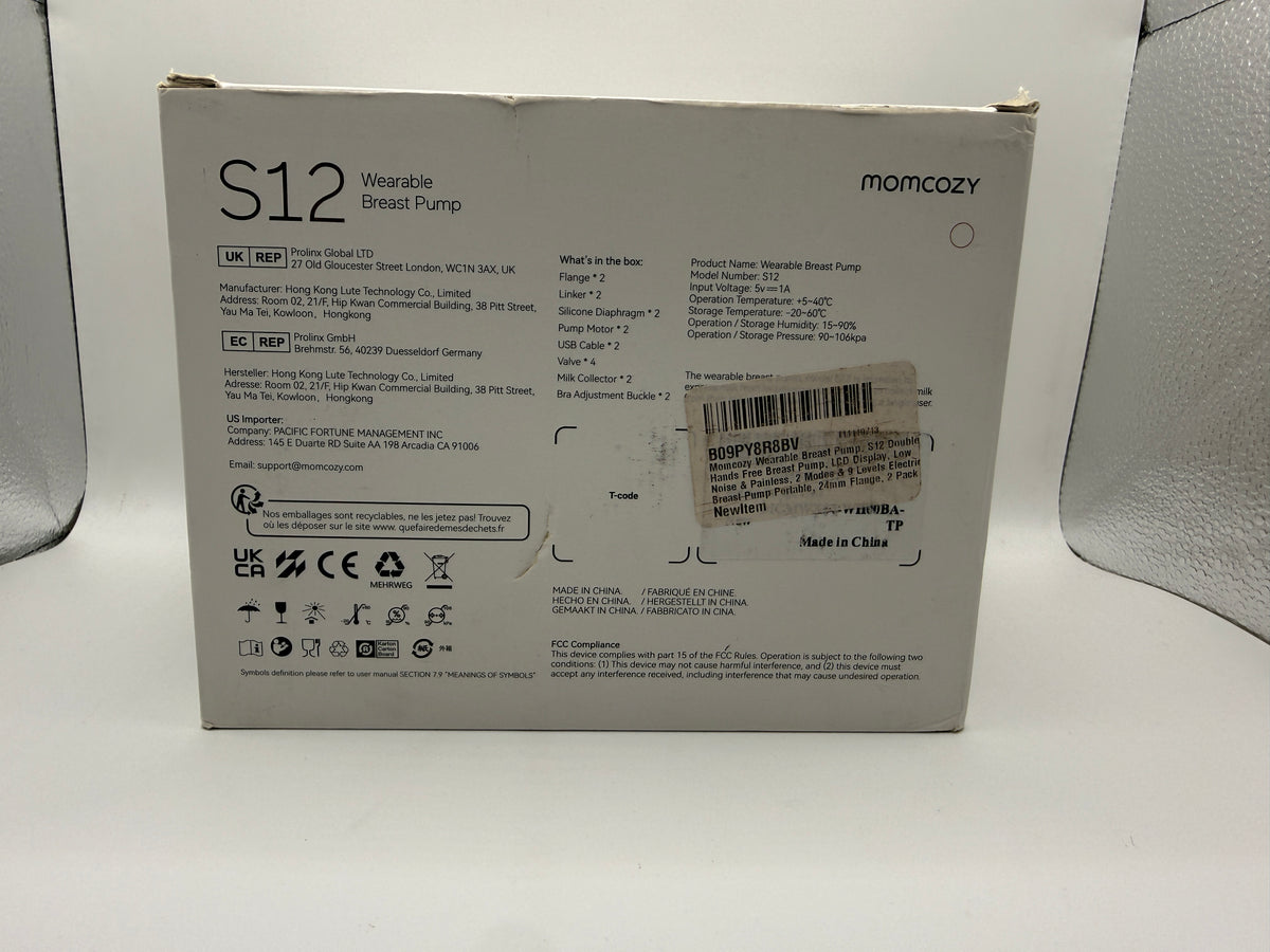 Momcozy S12 wearable breast pump box side with product info and contents