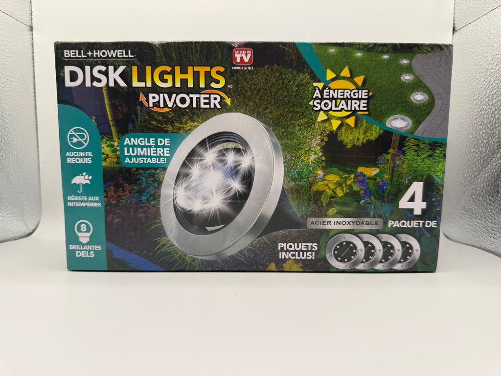 Box front showing Bell+Howell Disk Lights Pivoter solar powered LED lights 4 pack
